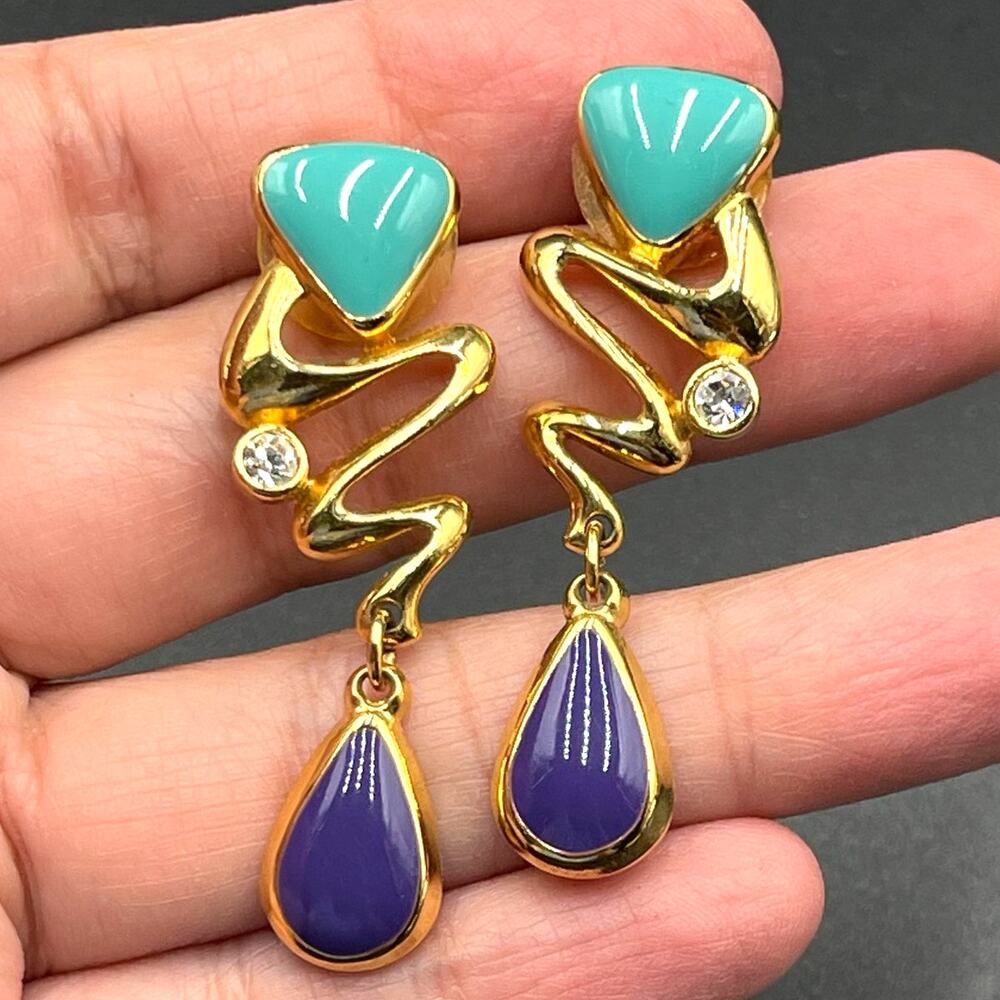 Vintage Avon Summer Brights Geometric Enamel Rhinestone Dangle Earrings